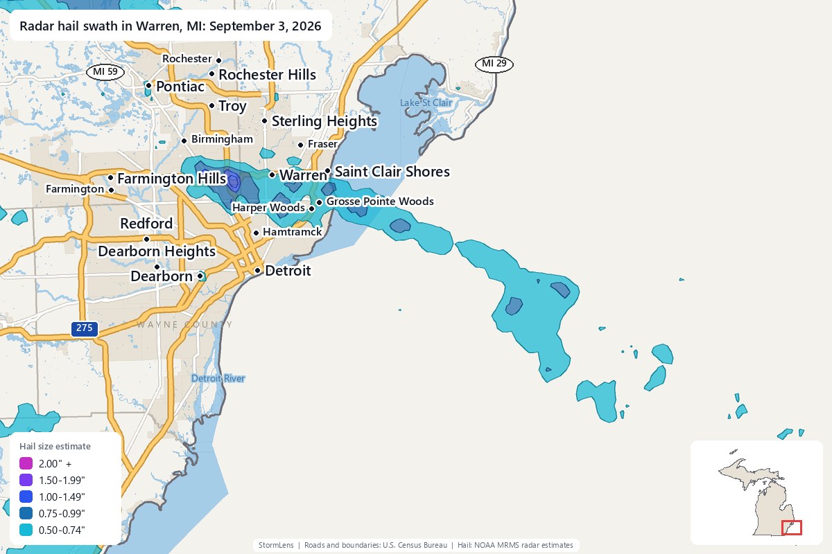 Radar-estimated hail swath in Warren, MI on September 3, 2026; colors show estimated hail sizes