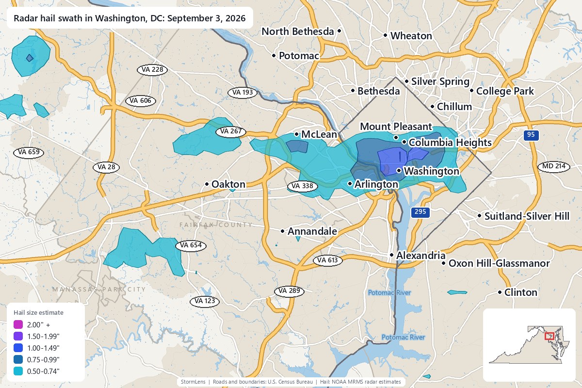 Radar-estimated hail swath in Washington, DC on September 3, 2026; colors show estimated hail sizes