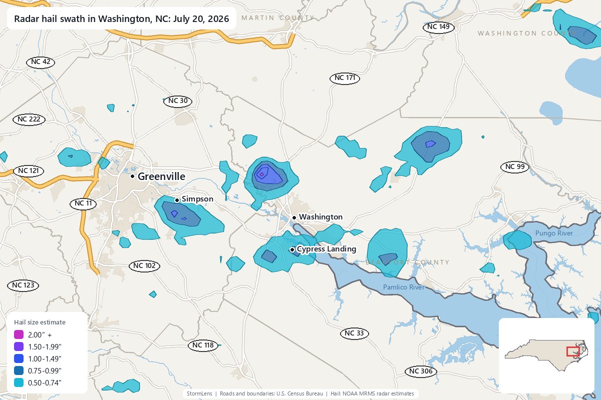 Radar-estimated hail swath in Washington, NC on July 20, 2026; colors show estimated hail sizes
