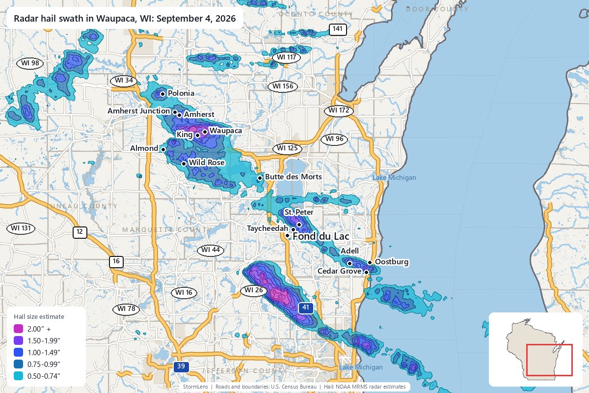 Radar-estimated hail swath in Waupaca, WI on September 4, 2026; colors show estimated hail sizes