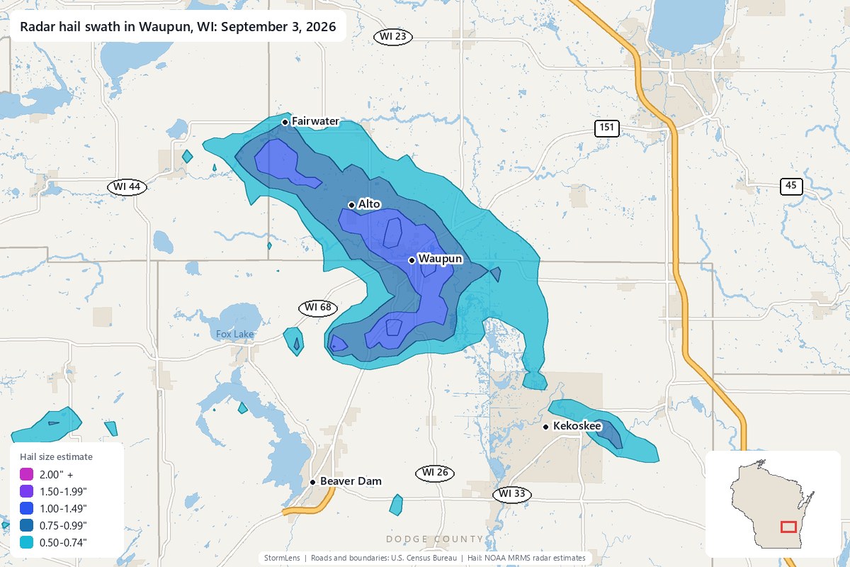 Radar-estimated hail swath in Waupun, WI on September 3, 2026; colors show estimated hail sizes