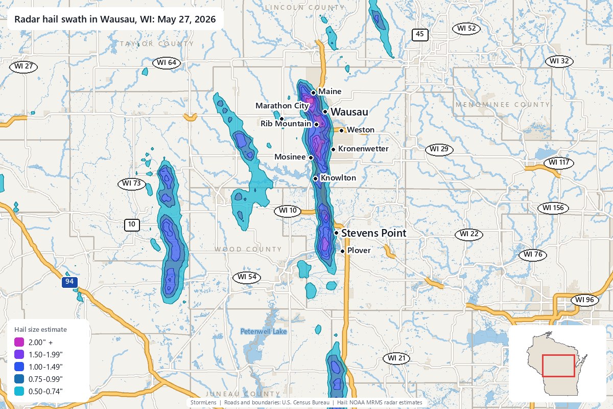 Radar-estimated hail swath in Wausau, WI on May 27, 2026; colors show estimated hail sizes