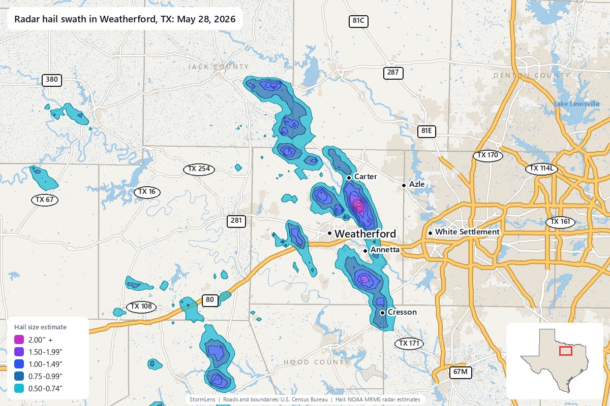 Radar-estimated hail swath in Weatherford, TX on May 28, 2026; colors show estimated hail sizes