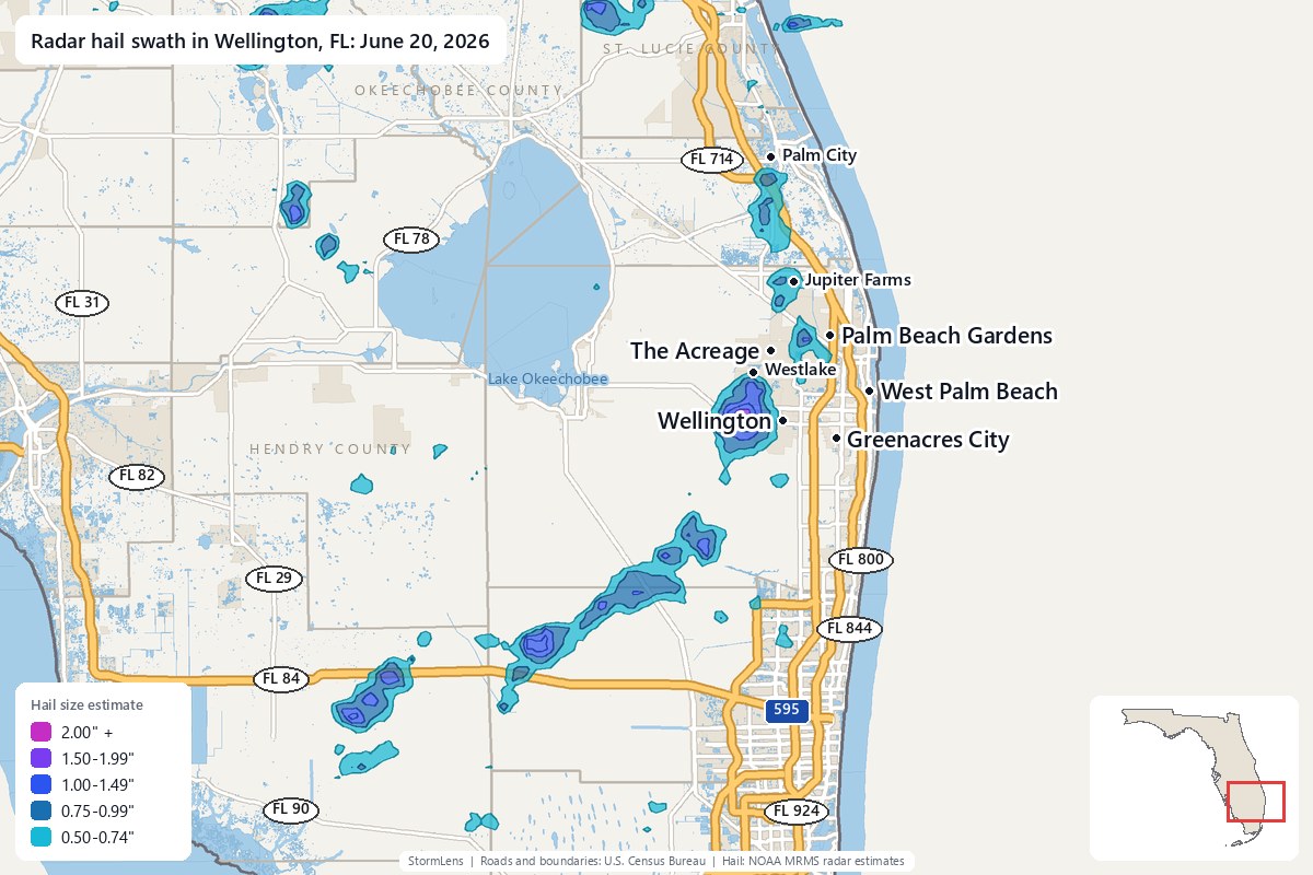 Radar-estimated hail swath in Wellington, FL on June 20, 2026; colors show estimated hail sizes