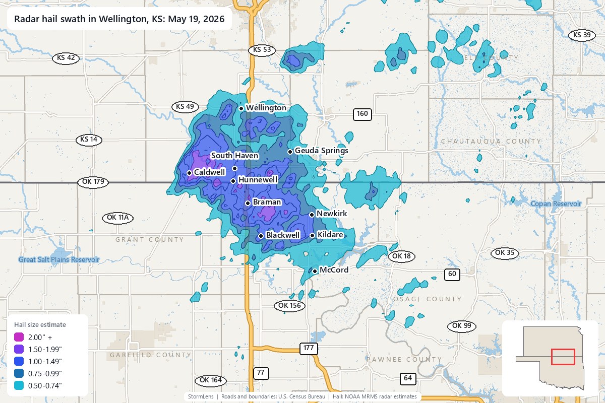 Radar-estimated hail swath in Wellington, KS on May 19, 2026; colors show estimated hail sizes
