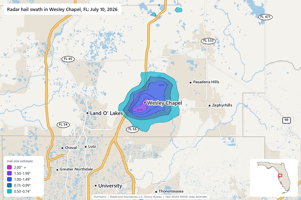 Radar-estimated hail swath in Wesley Chapel, FL on July 10, 2026; colors show estimated hail sizes