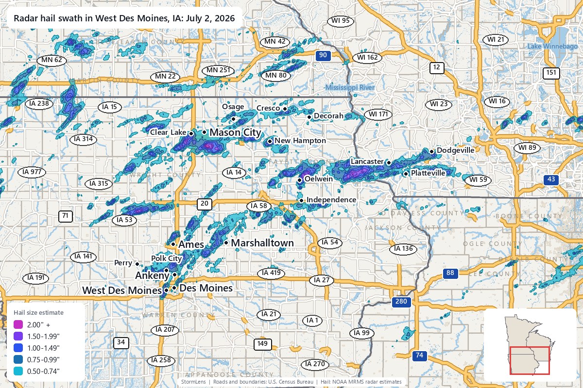 Radar-estimated hail swath in West Des Moines, IA on July 2, 2026; colors show estimated hail sizes