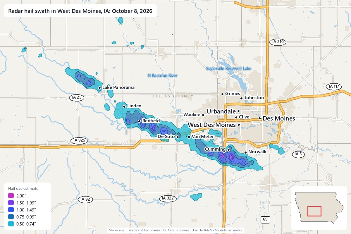 Radar-estimated hail swath in West Des Moines, IA on October 8, 2026; colors show estimated hail sizes