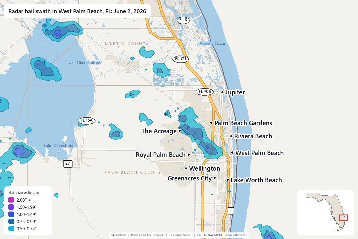 Radar-estimated hail swath in West Palm Beach, FL on June 2, 2026; colors show estimated hail sizes