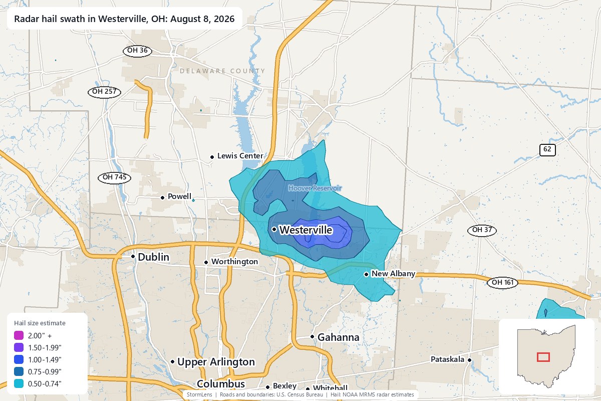 Radar-estimated hail swath in Westerville, OH on August 8, 2026; colors show estimated hail sizes