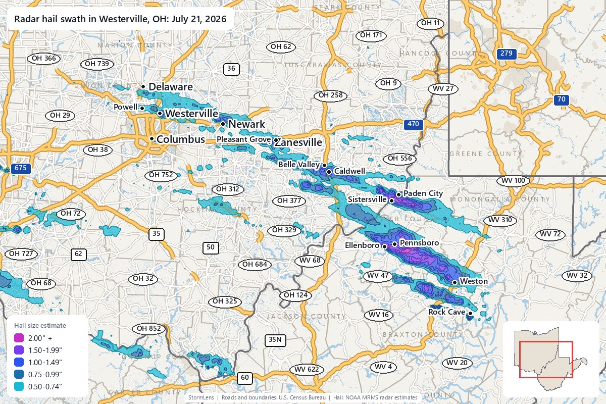 Radar-estimated hail swath in Westerville, OH on July 21, 2026; colors show estimated hail sizes