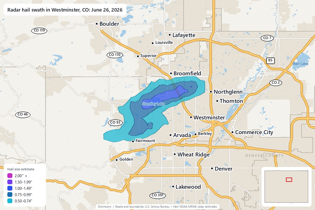 Radar-estimated hail swath in Westminster, CO on June 26, 2026; colors show estimated hail sizes