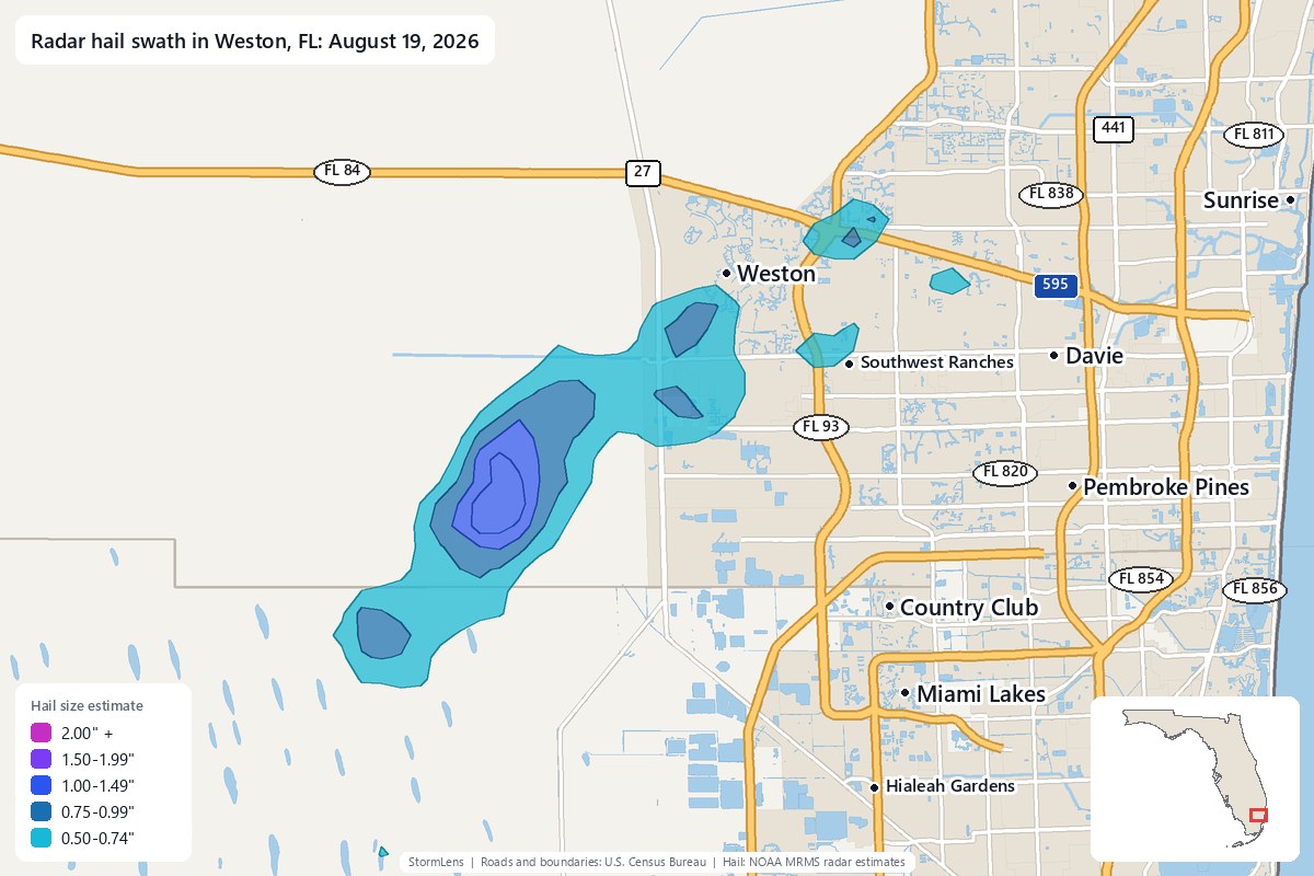Radar-estimated hail swath in Weston, FL on August 19, 2026; colors show estimated hail sizes