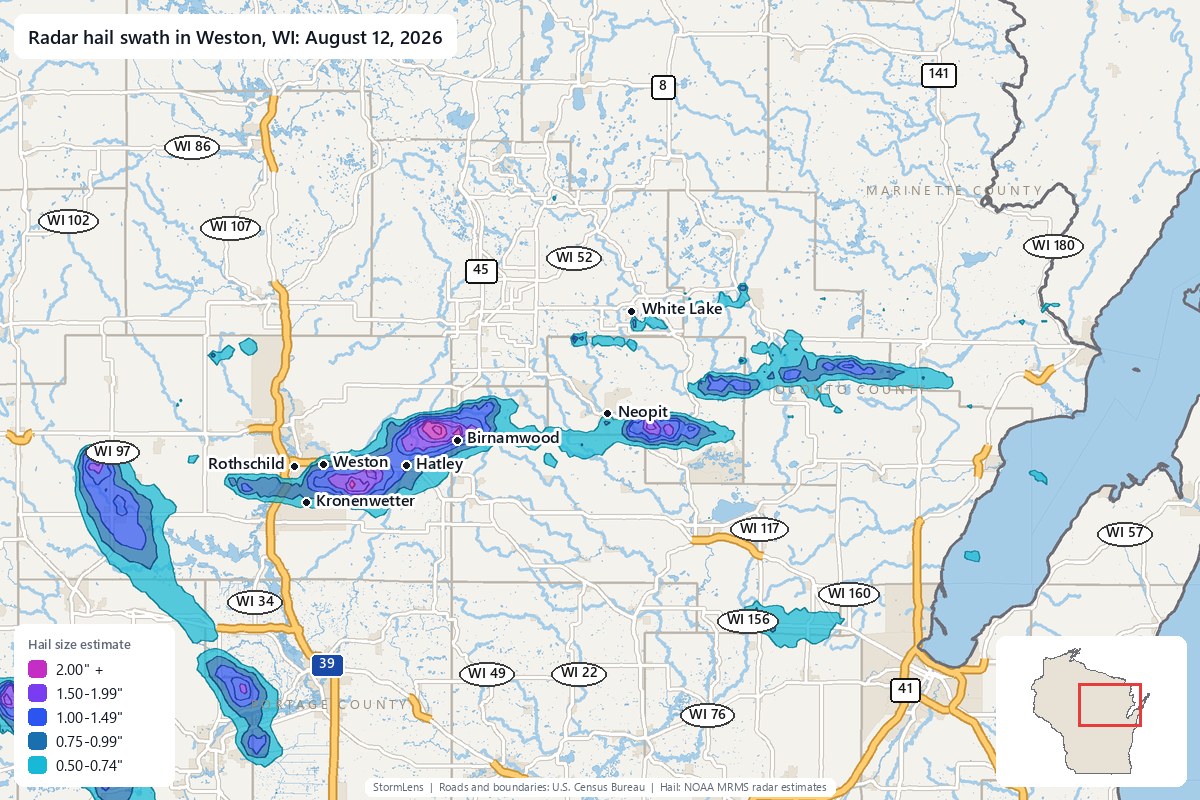 Radar-estimated hail swath in Weston, WI on August 12, 2026; colors show estimated hail sizes