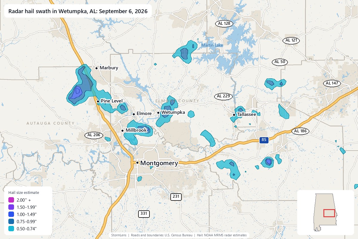 Radar-estimated hail swath in Wetumpka, AL on September 6, 2026; colors show estimated hail sizes