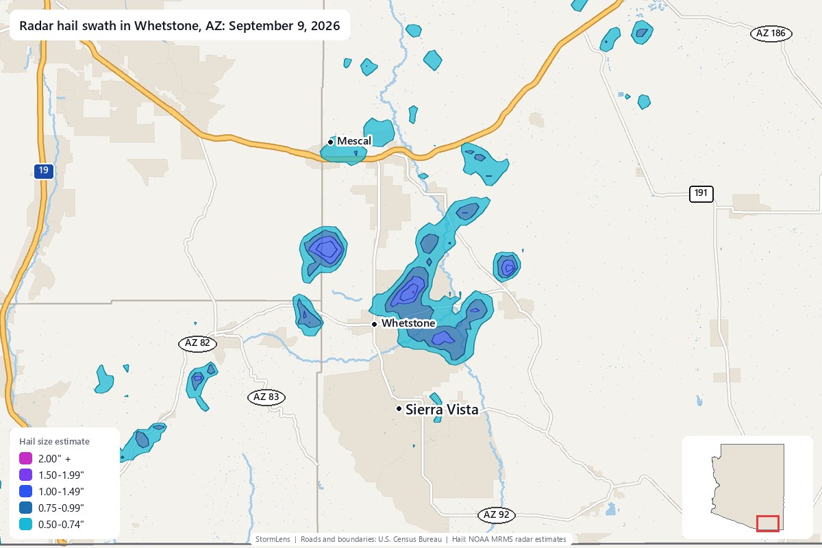 Radar-estimated hail swath in Whetstone, AZ on September 9, 2026; colors show estimated hail sizes