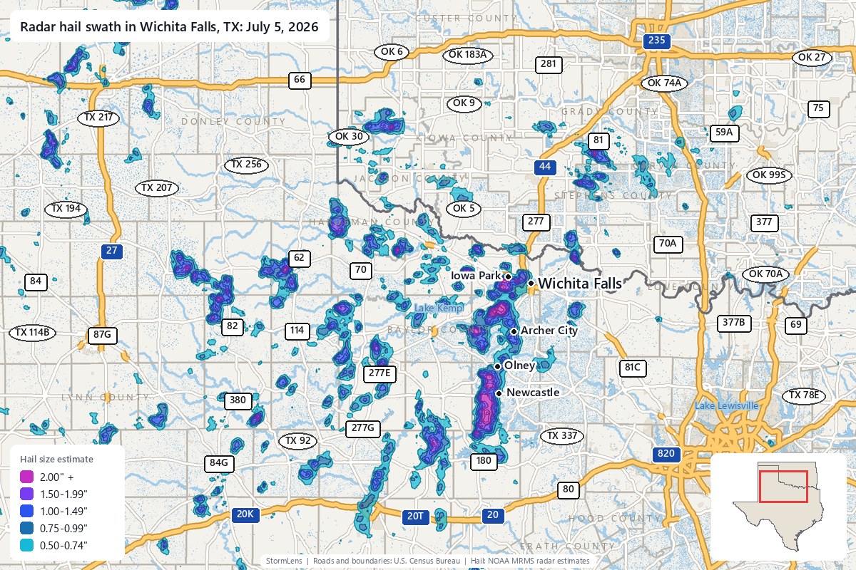 Radar-estimated hail swath in Wichita Falls, TX on July 5, 2026; colors show estimated hail sizes