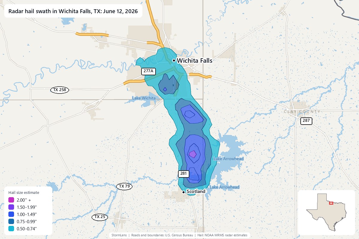 Radar-estimated hail swath in Wichita Falls, TX on June 12, 2026; colors show estimated hail sizes