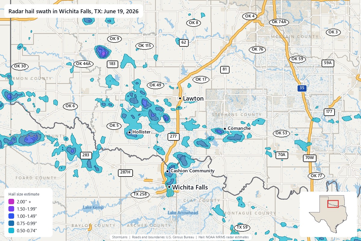 Radar-estimated hail swath in Wichita Falls, TX on June 19, 2026; colors show estimated hail sizes