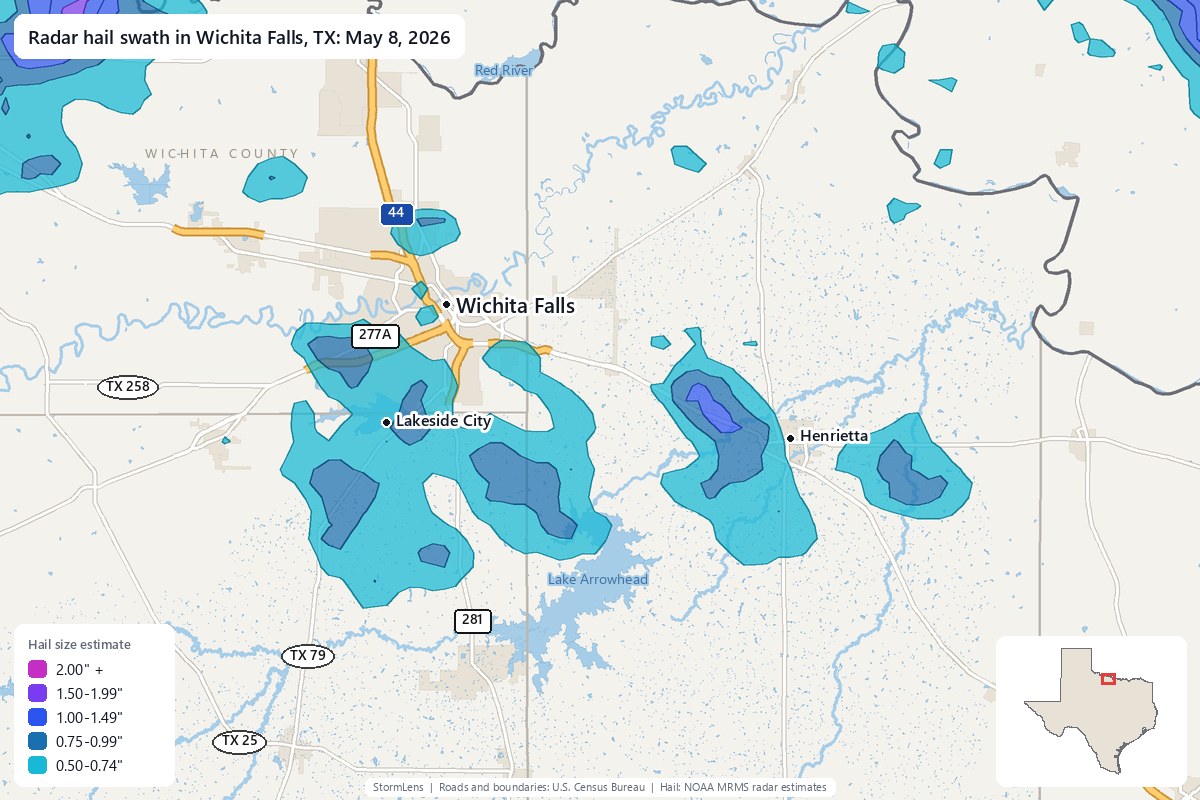Radar-estimated hail swath in Wichita Falls, TX on May 8, 2026; colors show estimated hail sizes