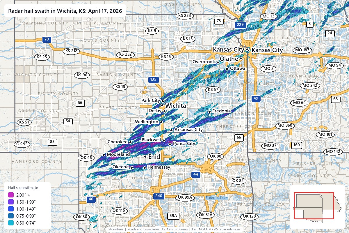Radar-estimated hail swath in Wichita, KS on April 17, 2026; colors show estimated hail sizes