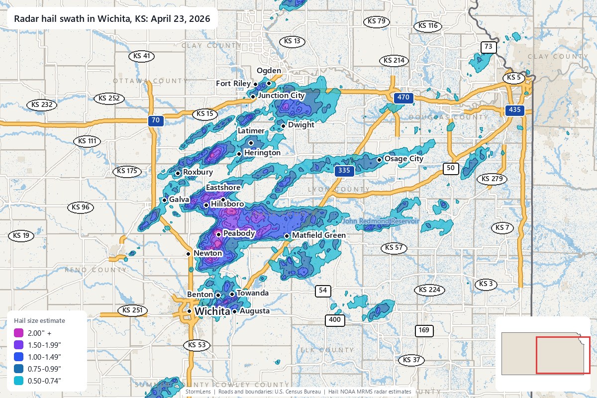 Radar-estimated hail swath in Wichita, KS on April 23, 2026; colors show estimated hail sizes