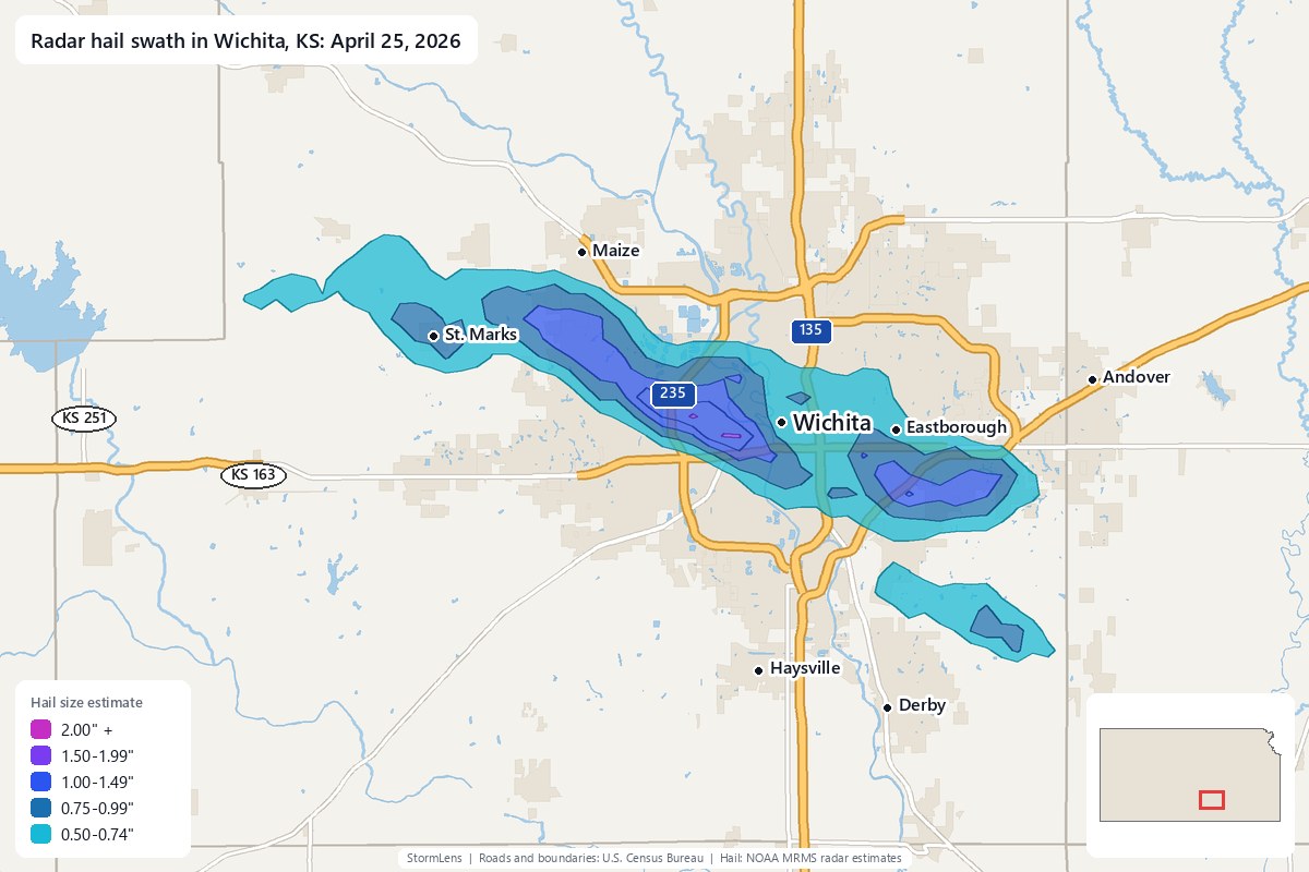 Radar-estimated hail swath in Wichita, KS on April 25, 2026; colors show estimated hail sizes