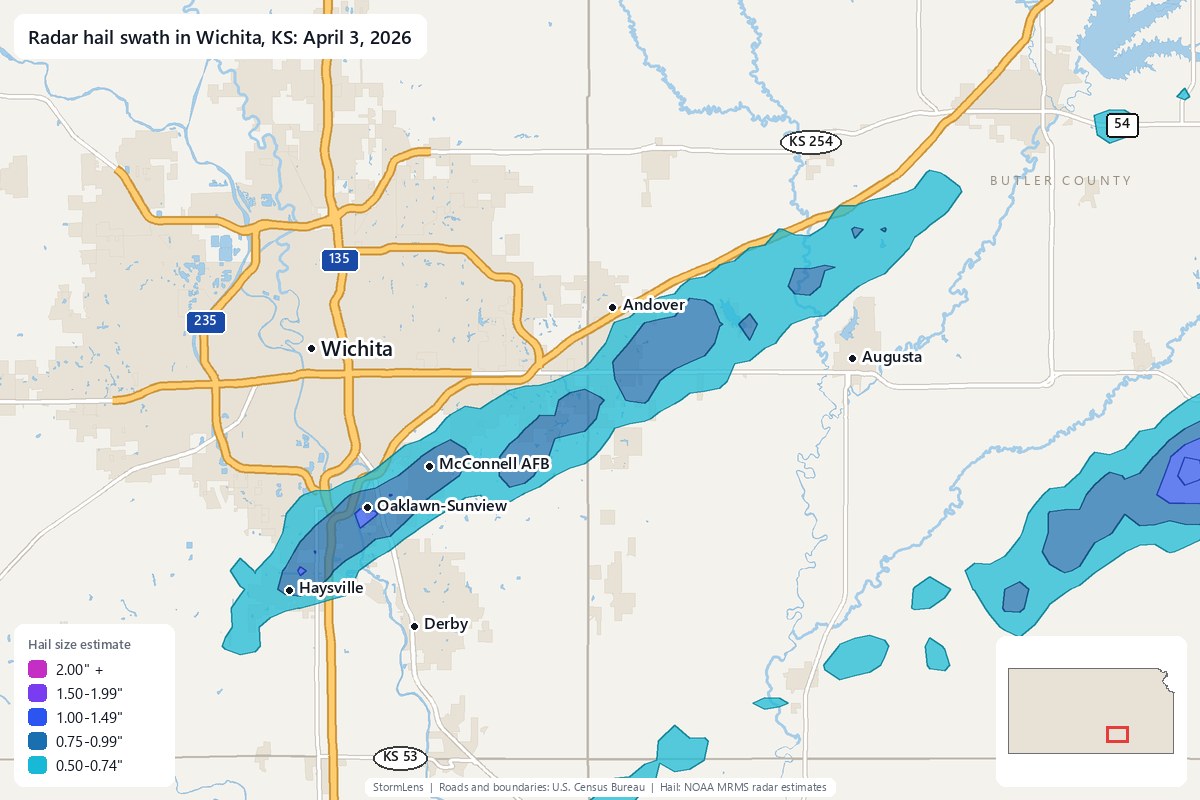 Radar-estimated hail swath in Wichita, KS on April 3, 2026; colors show estimated hail sizes