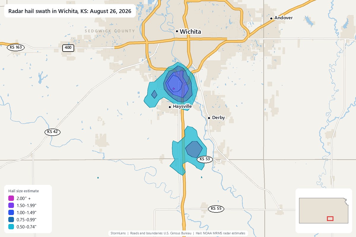 Radar-estimated hail swath in Wichita, KS on August 26, 2026; colors show estimated hail sizes