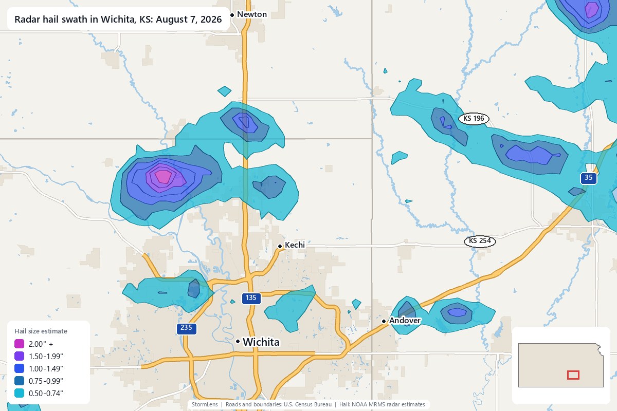 Radar-estimated hail swath in Wichita, KS on August 7, 2026; colors show estimated hail sizes