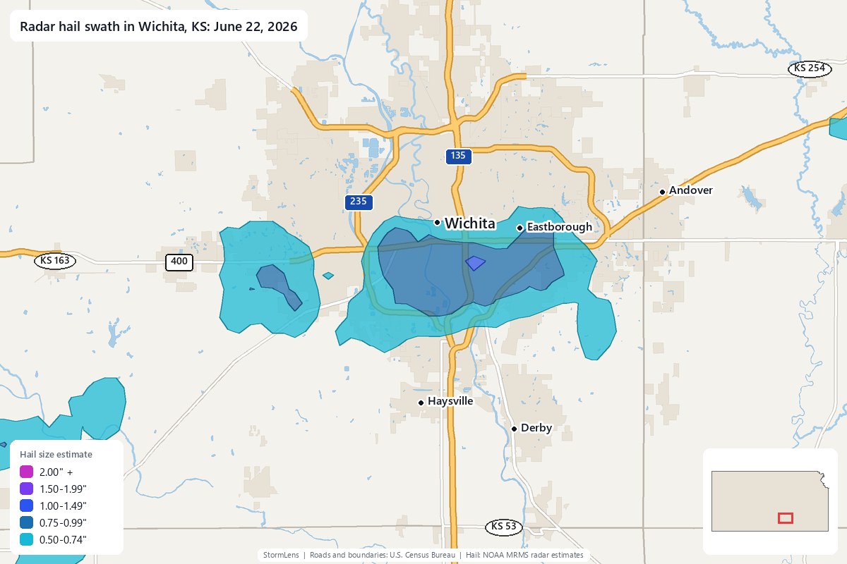 Radar-estimated hail swath in Wichita, KS on June 22, 2026; colors show estimated hail sizes