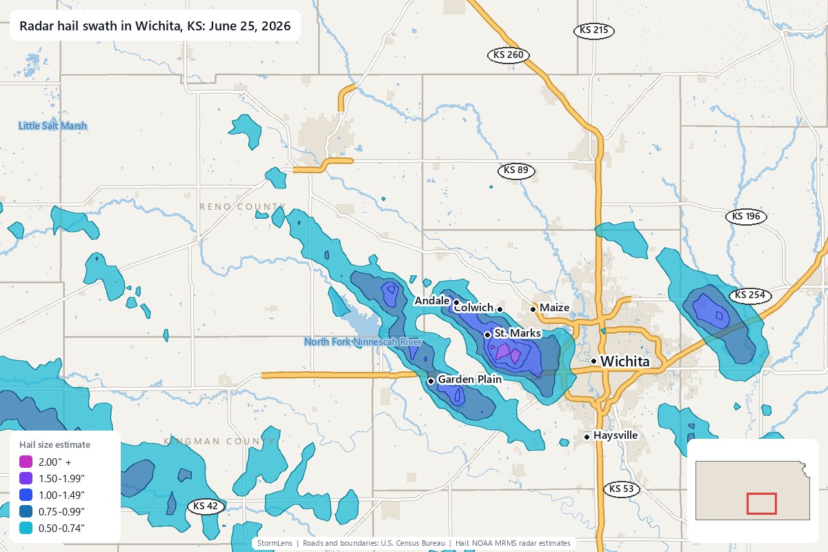 Radar-estimated hail swath in Wichita, KS on June 25, 2026; colors show estimated hail sizes