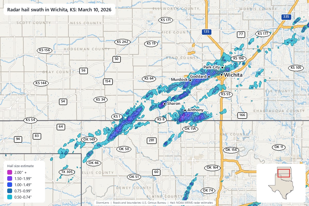 Radar-estimated hail swath in Wichita, KS on March 10, 2026; colors show estimated hail sizes