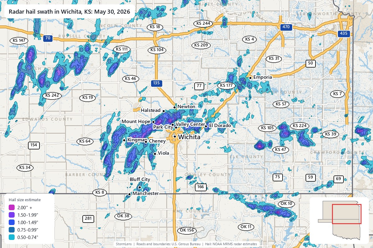 Radar-estimated hail swath in Wichita, KS on May 30, 2026; colors show estimated hail sizes