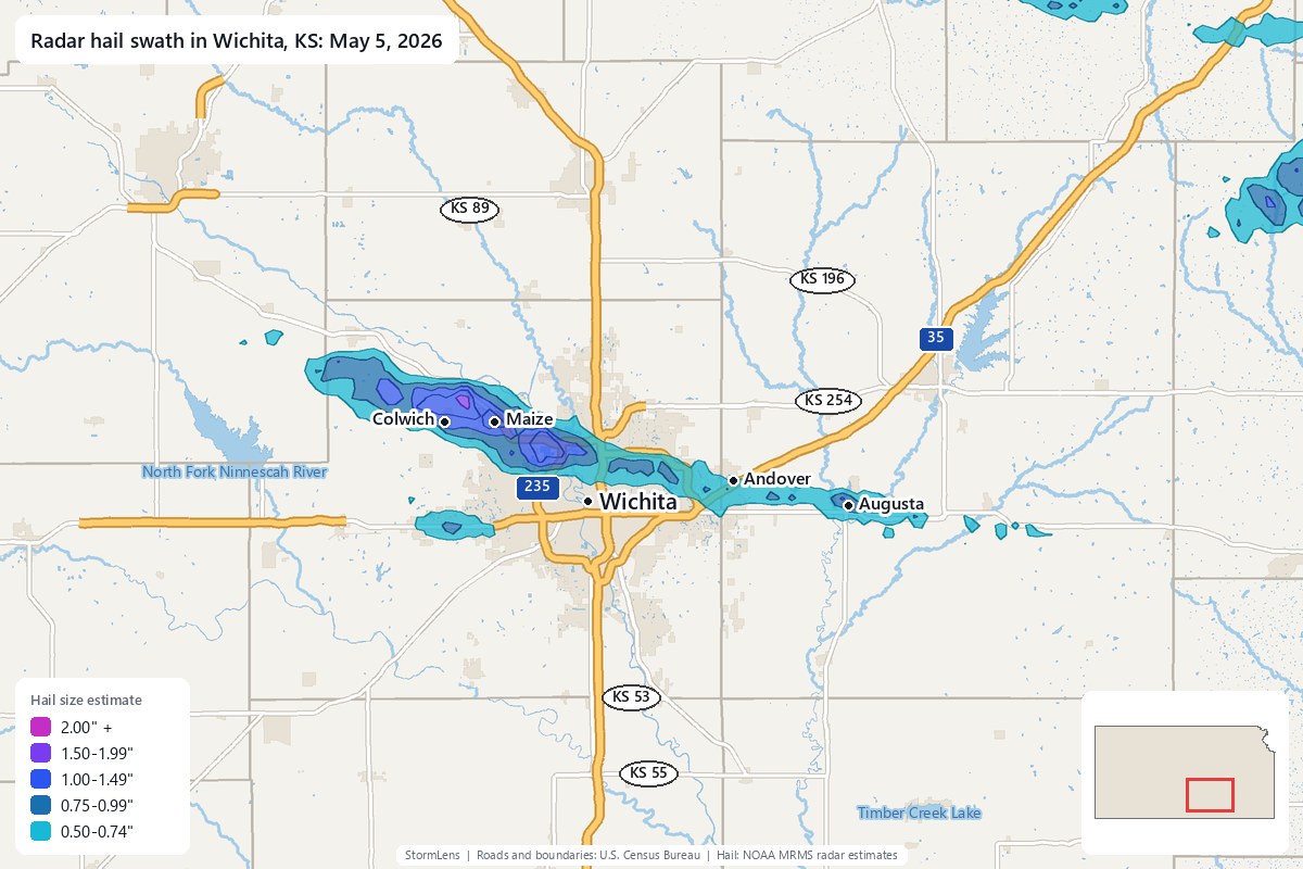 Radar-estimated hail swath in Wichita, KS on May 5, 2026; colors show estimated hail sizes