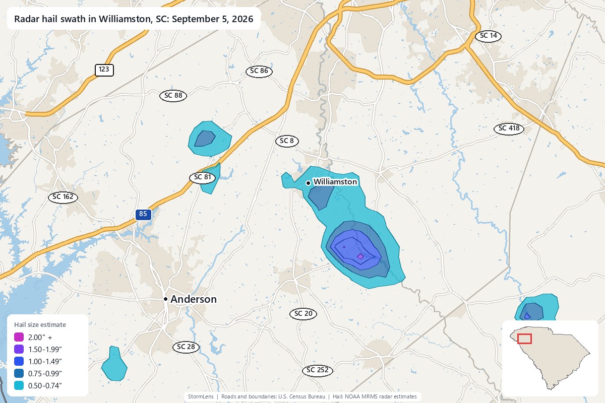 Radar-estimated hail swath in Williamston, SC on September 5, 2026; colors show estimated hail sizes