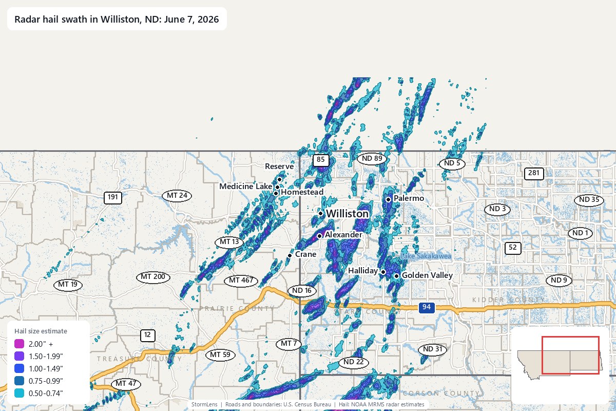 Radar-estimated hail swath in Williston, ND on June 7, 2026; colors show estimated hail sizes