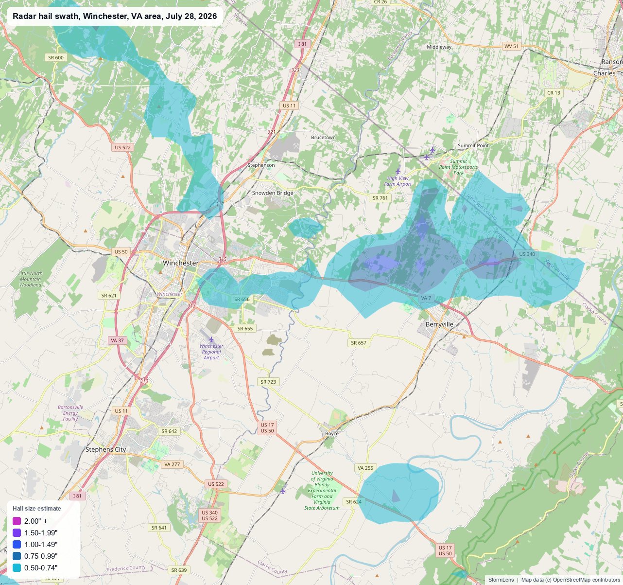 Radar-estimated hail swath near Winchester, VA on July 28, 2026; colors show estimated hail sizes