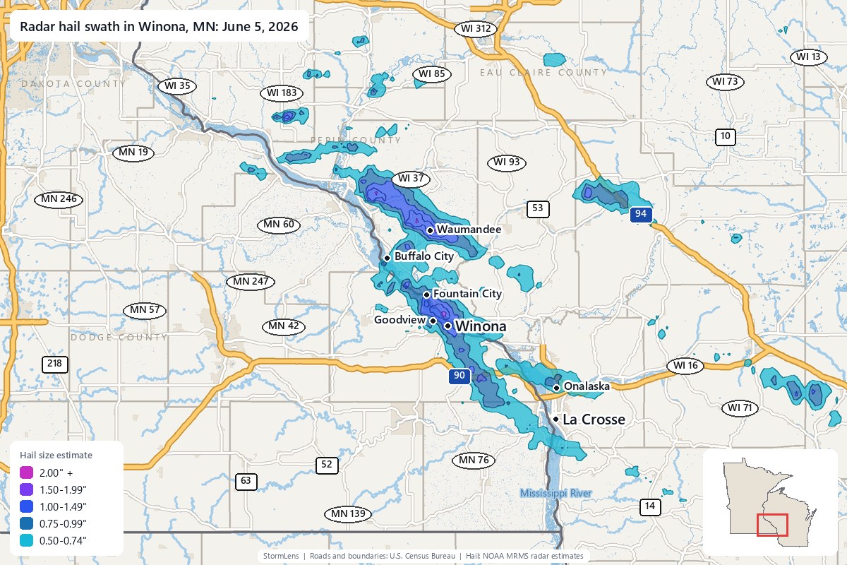 Radar-estimated hail swath in Winona, MN on June 5, 2026; colors show estimated hail sizes