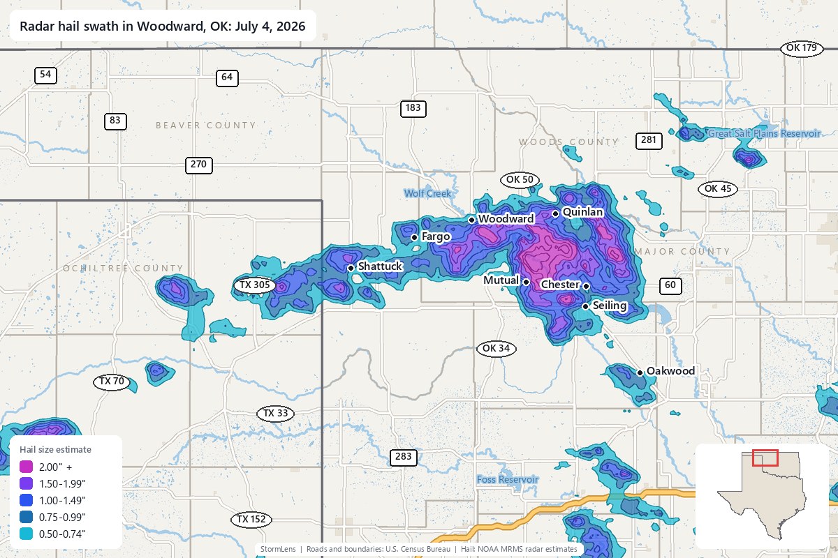 Radar-estimated hail swath in Woodward, OK on July 4, 2026; colors show estimated hail sizes