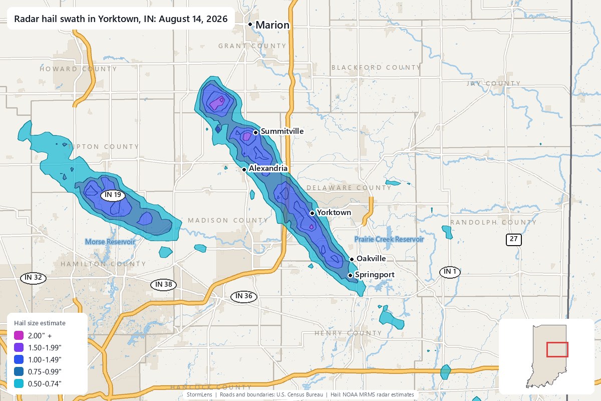 Radar-estimated hail swath in Yorktown, IN on August 14, 2026; colors show estimated hail sizes