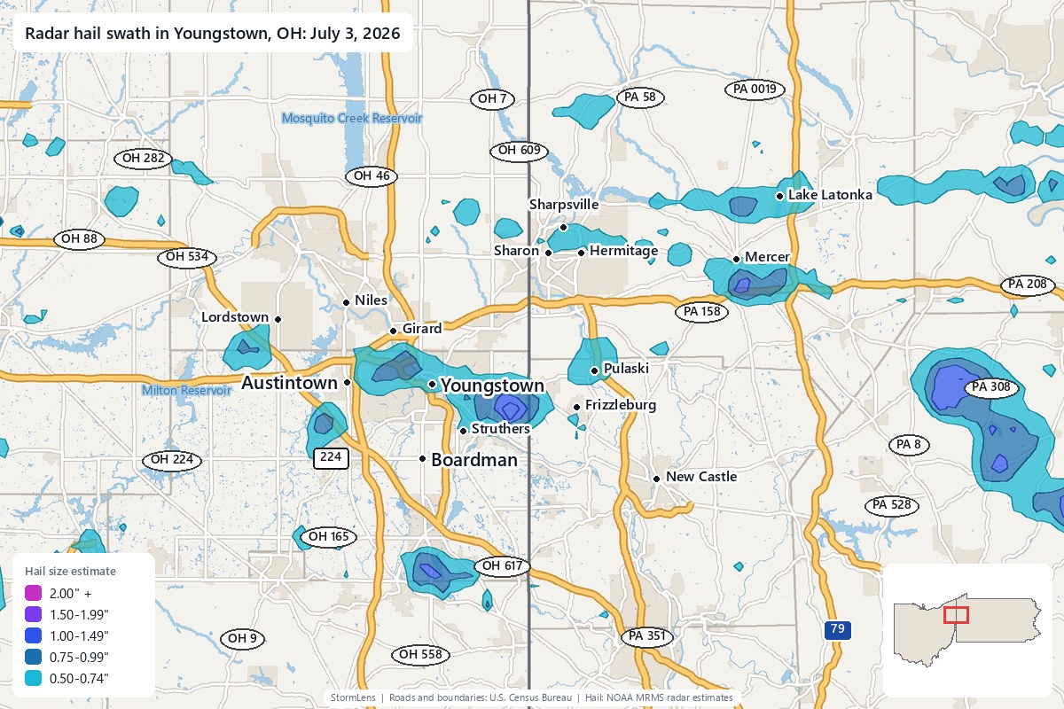 Radar-estimated hail swath in Youngstown, OH on July 3, 2026; colors show estimated hail sizes