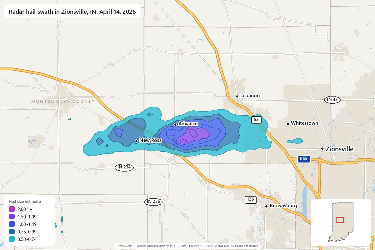 Radar-estimated hail swath in Zionsville, IN on April 14, 2026; colors show estimated hail sizes