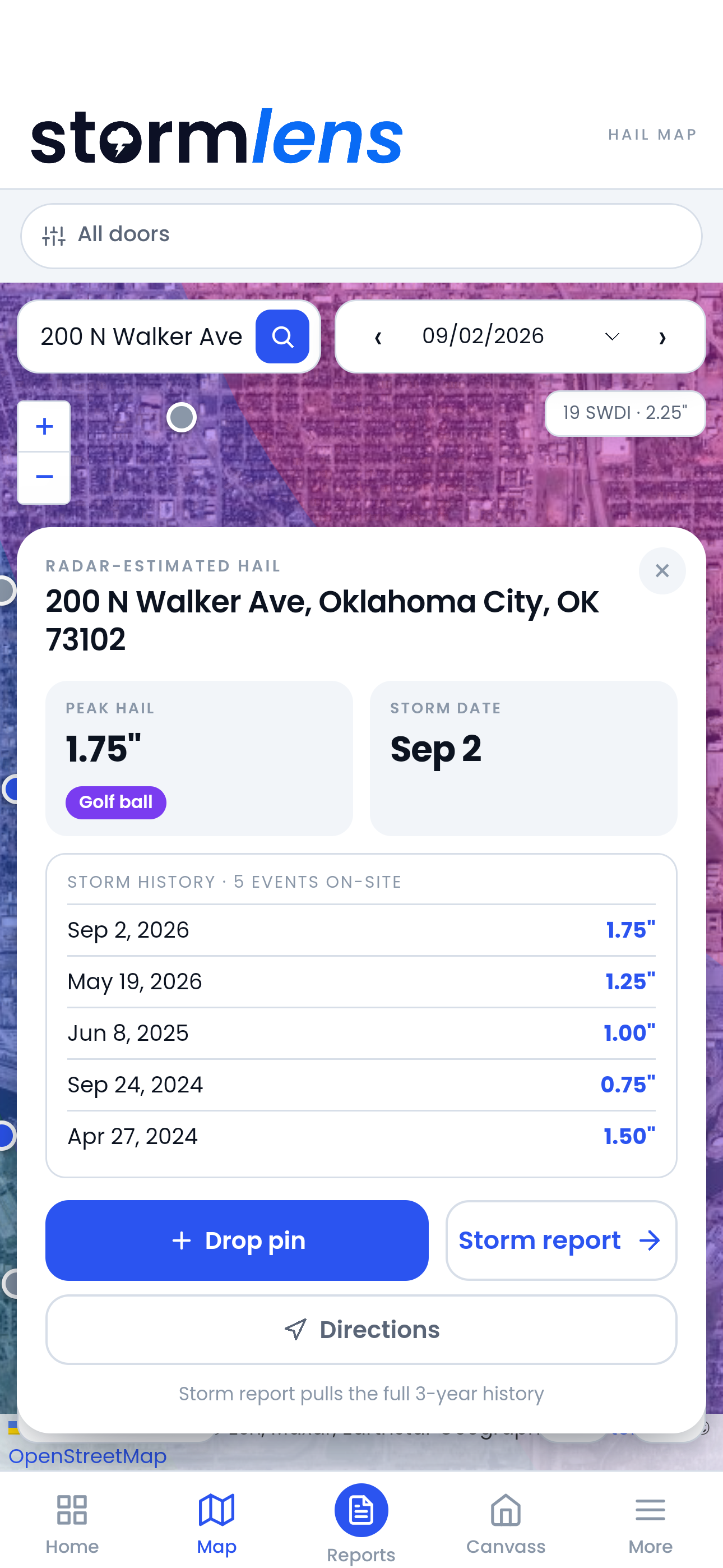 StormLens displaying illustrative property hail history and report dates at Oklahoma City Hall.