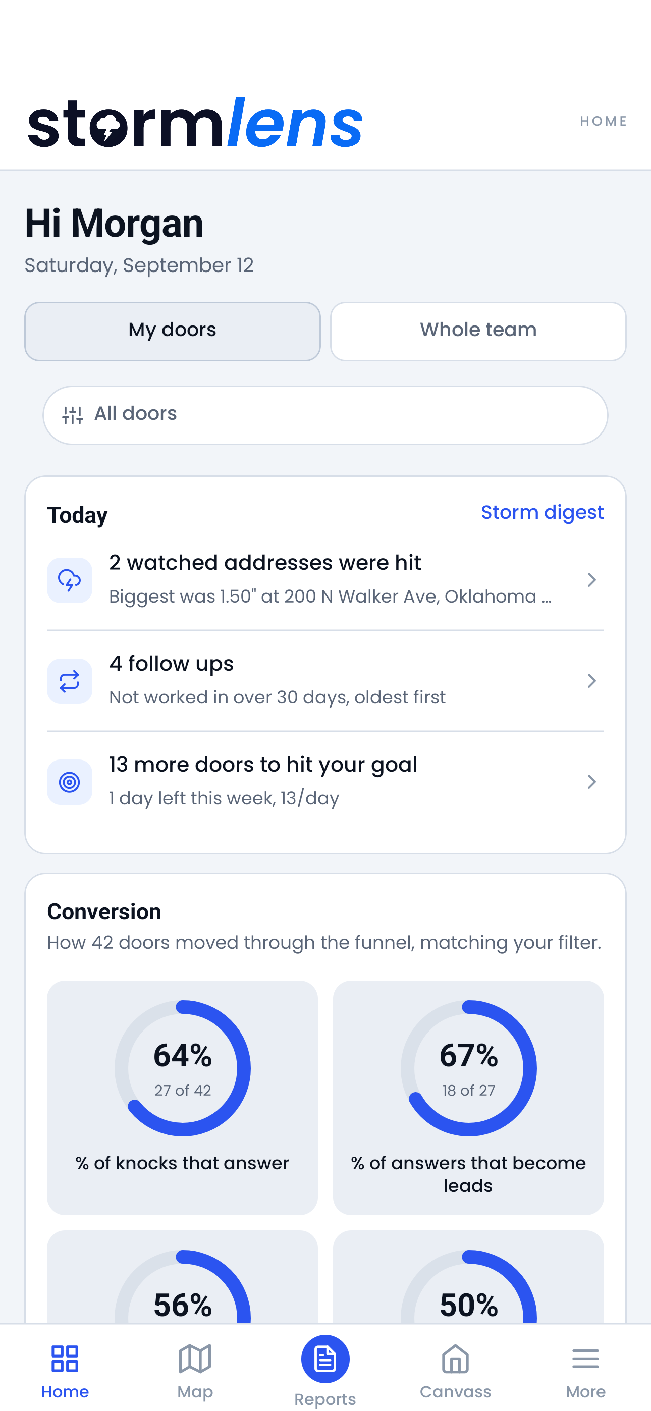 StormLens Home with demonstration storm alerts, follow-ups, and conversion metrics.